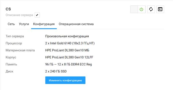 Карточка сервера в панели управления